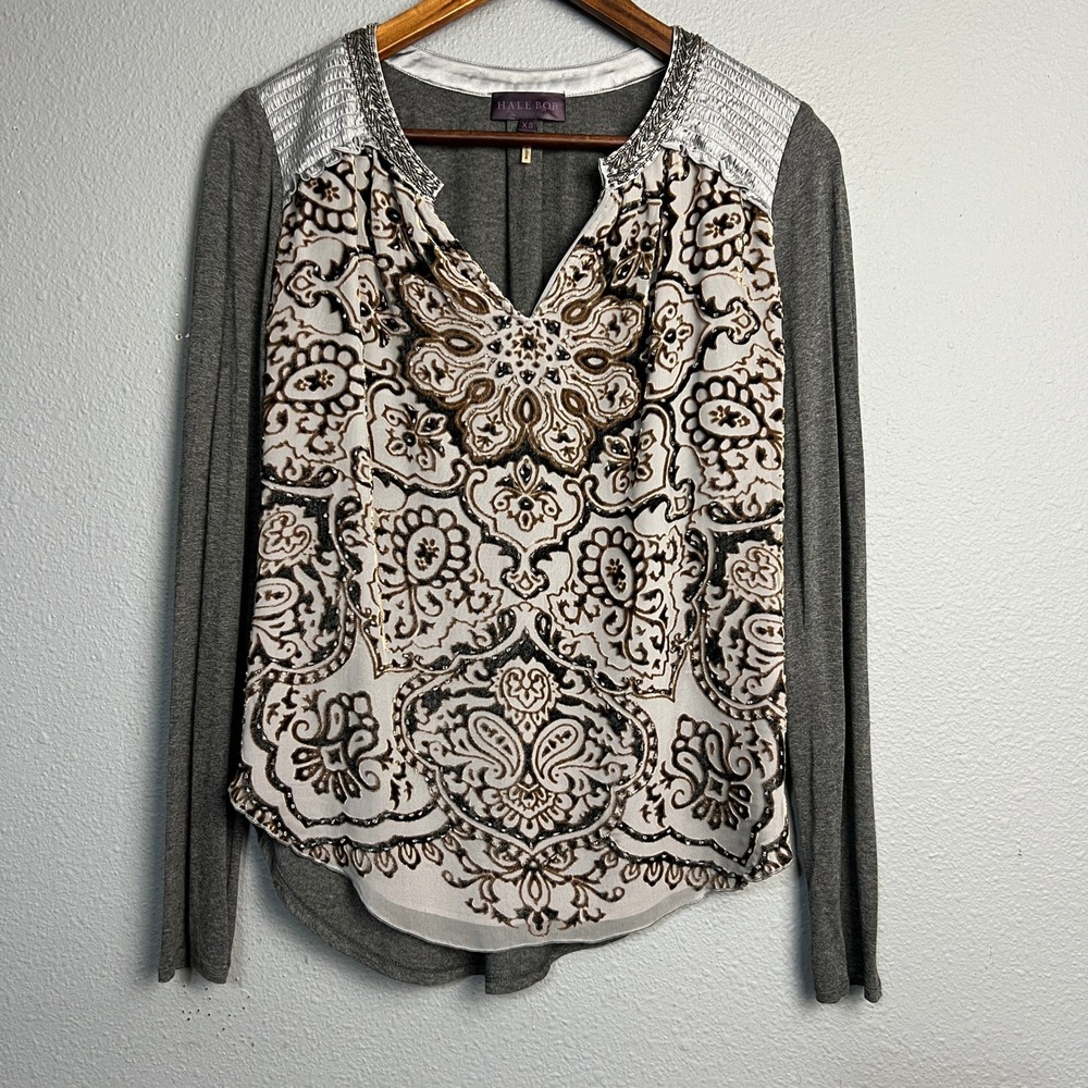 Hale Bob Long Sleeve Embellished Paisley Aztec Boho Print Top Blouse Gray Sz XS